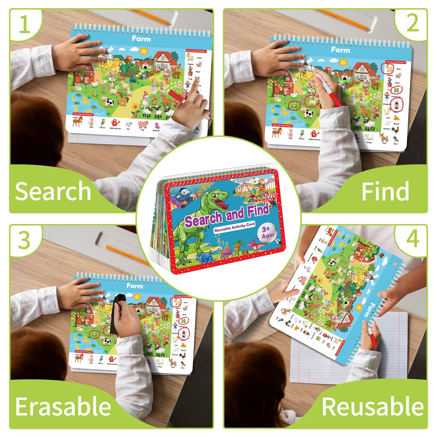 Elfew Search and Find Reusable Activity Book - 24 Themes, Travel Toys for Kids Ages 3-8