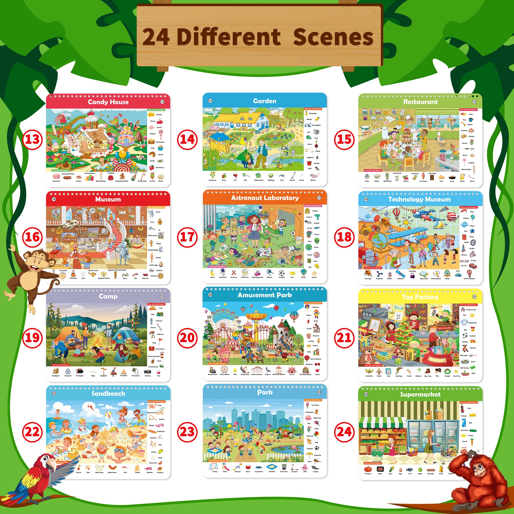 Elfew Search and Find Reusable Activity Book - 24 Themes, Travel Toys for Kids Ages 3-8