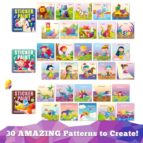 Elite Panda Sticker by Number Books - 3-Pack for Kids Ages 4-8, 30 Pictures, Mermaid Princess Dinosaur, Travel Activity Set