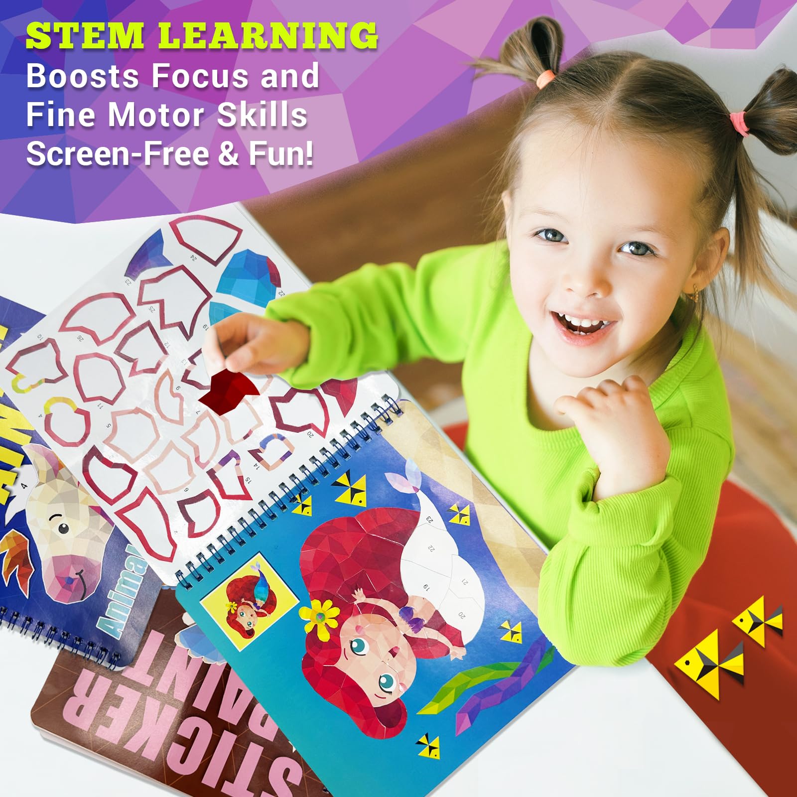 Elite Panda Sticker by Number Books - 3-Pack for Kids Ages 4-8, 30 Pictures, Mermaid Princess Dinosaur, Travel Activity Set
