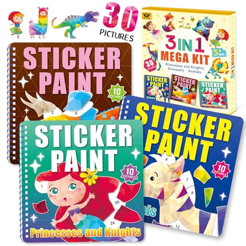 Elite Panda Sticker by Number Books - 3-Pack for Kids Ages 4-8, 30 Pictures, Mermaid Princess Dinosaur, Travel Activity Set