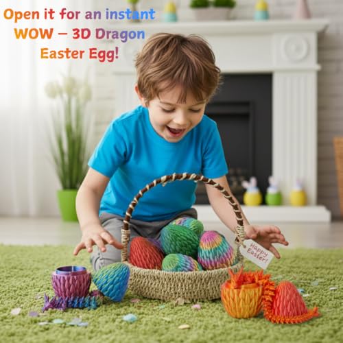 ELORION 12" 3D Printed Articulated Dragon Fidget Toy in 5" Egg – Multicolor Prefilled Dragon Egg for Easter Baskets