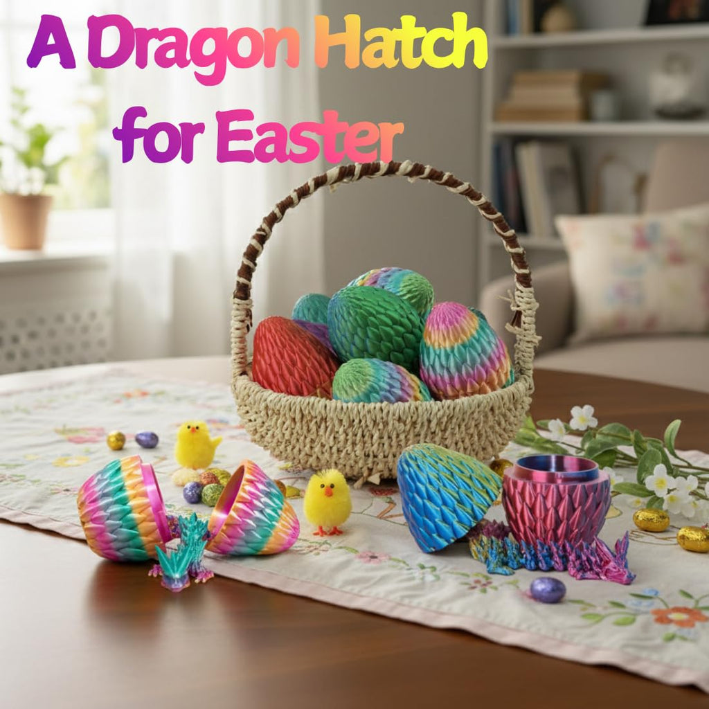 ELORION 12" 3D Printed Articulated Dragon Fidget Toy in 5" Egg – Multicolor Prefilled Dragon Egg for Easter Baskets