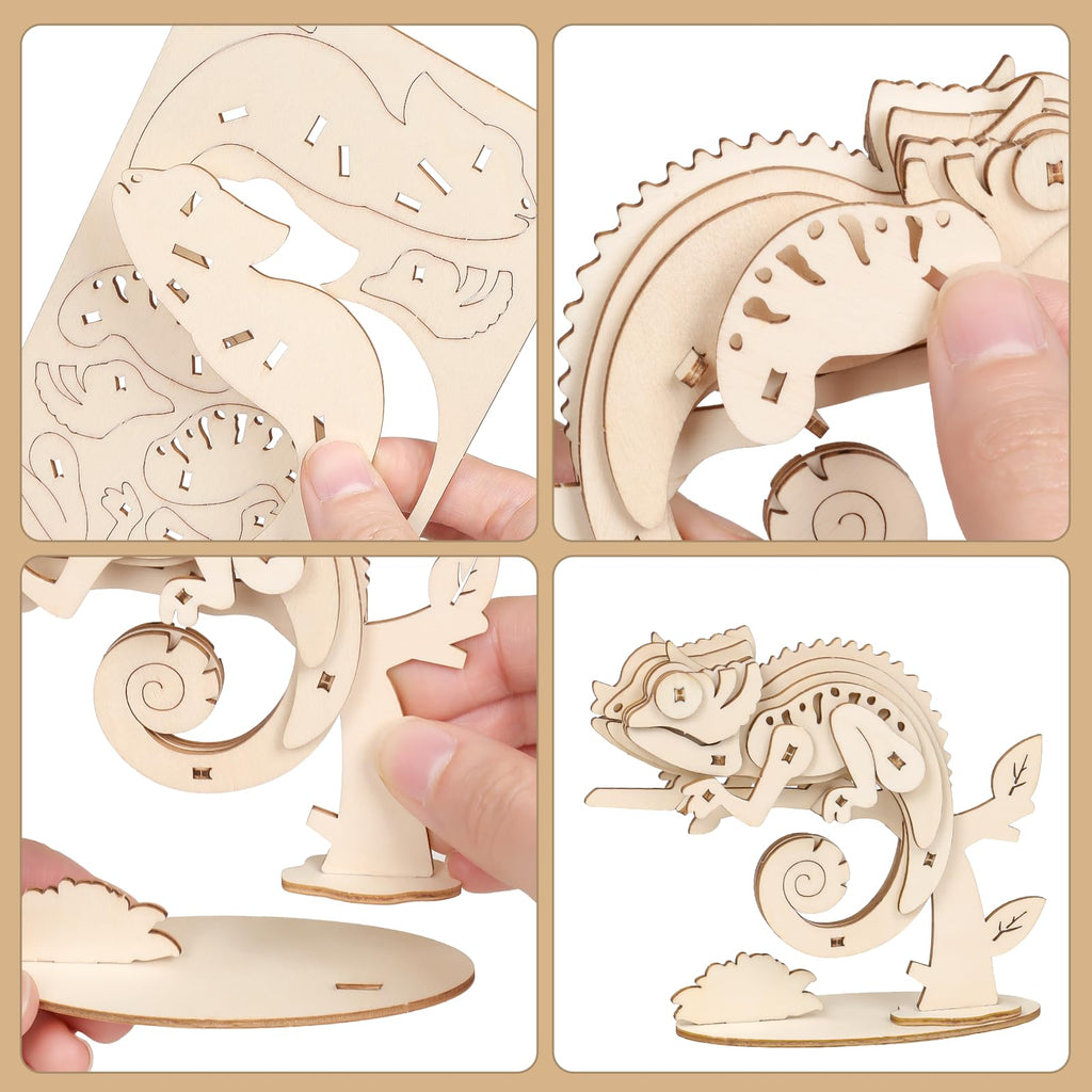 ELX 3D Wooden Animal Puzzles – 4 Piece Set for Kids 6+ (Squirrel, Rabbit, Mongoose, Chameleon) – No Glue or Tools Needed