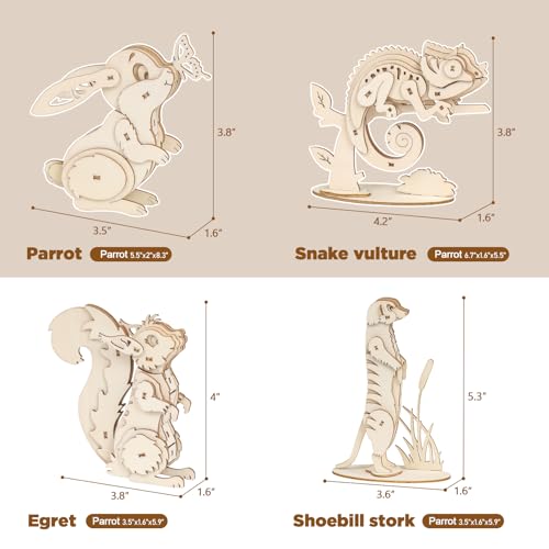 ELX 3D Wooden Animal Puzzles – 4 Piece Set for Kids 6+ (Squirrel, Rabbit, Mongoose, Chameleon) – No Glue or Tools Needed