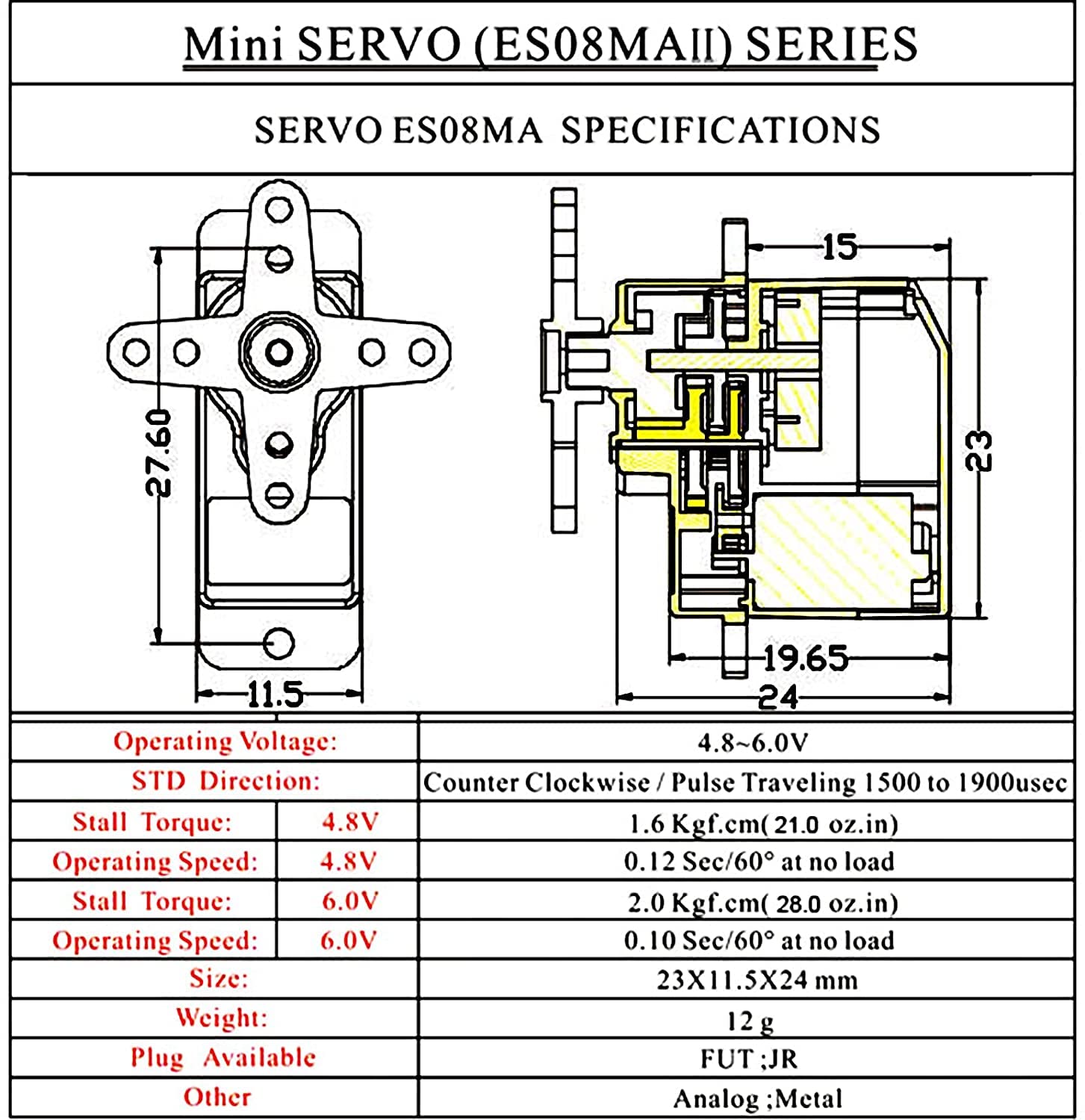 EMAX ES08MA II 12g Mini Metal Gear Analog Servo – 4.8-6V, Futaba/JR Compatible for RC Models