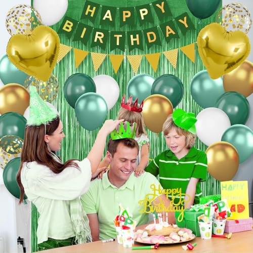 Emerald Green and Gold Birthday Decorations Kit – 30 Balloons, Happy Birthday Banner, 2m Fringe Curtain, Heart Foil Balloons by Adorely