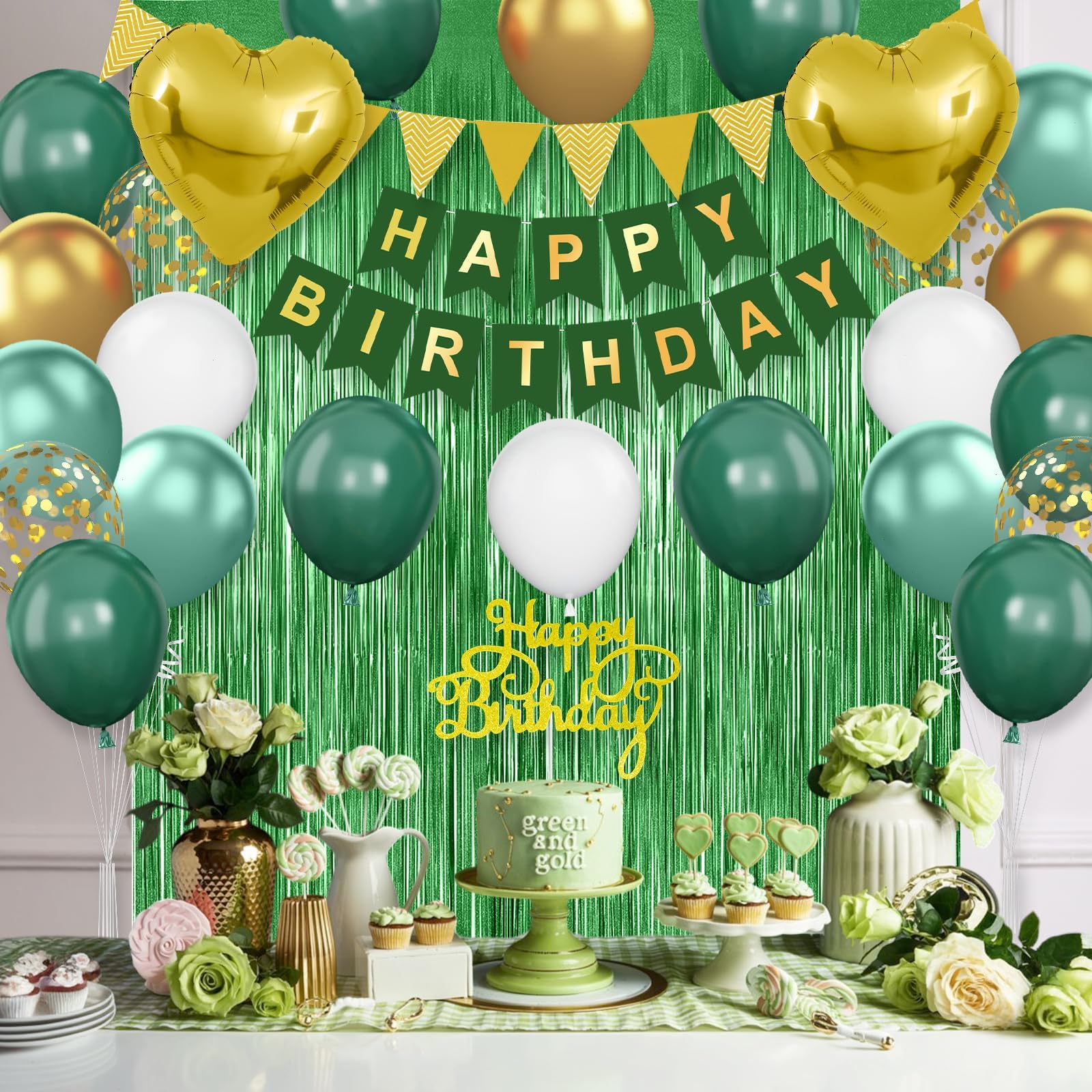Emerald Green and Gold Birthday Decorations Kit – 30 Balloons, Happy Birthday Banner, 2m Fringe Curtain, Heart Foil Balloons by Adorely