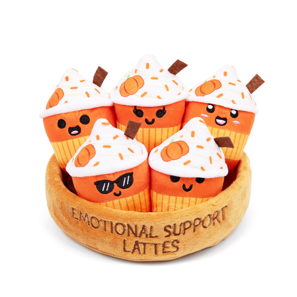 Emotional Support Lattes Plush Set – 5 Coffee Plushies with Names & Personalities in a Plush Basket by Relatable