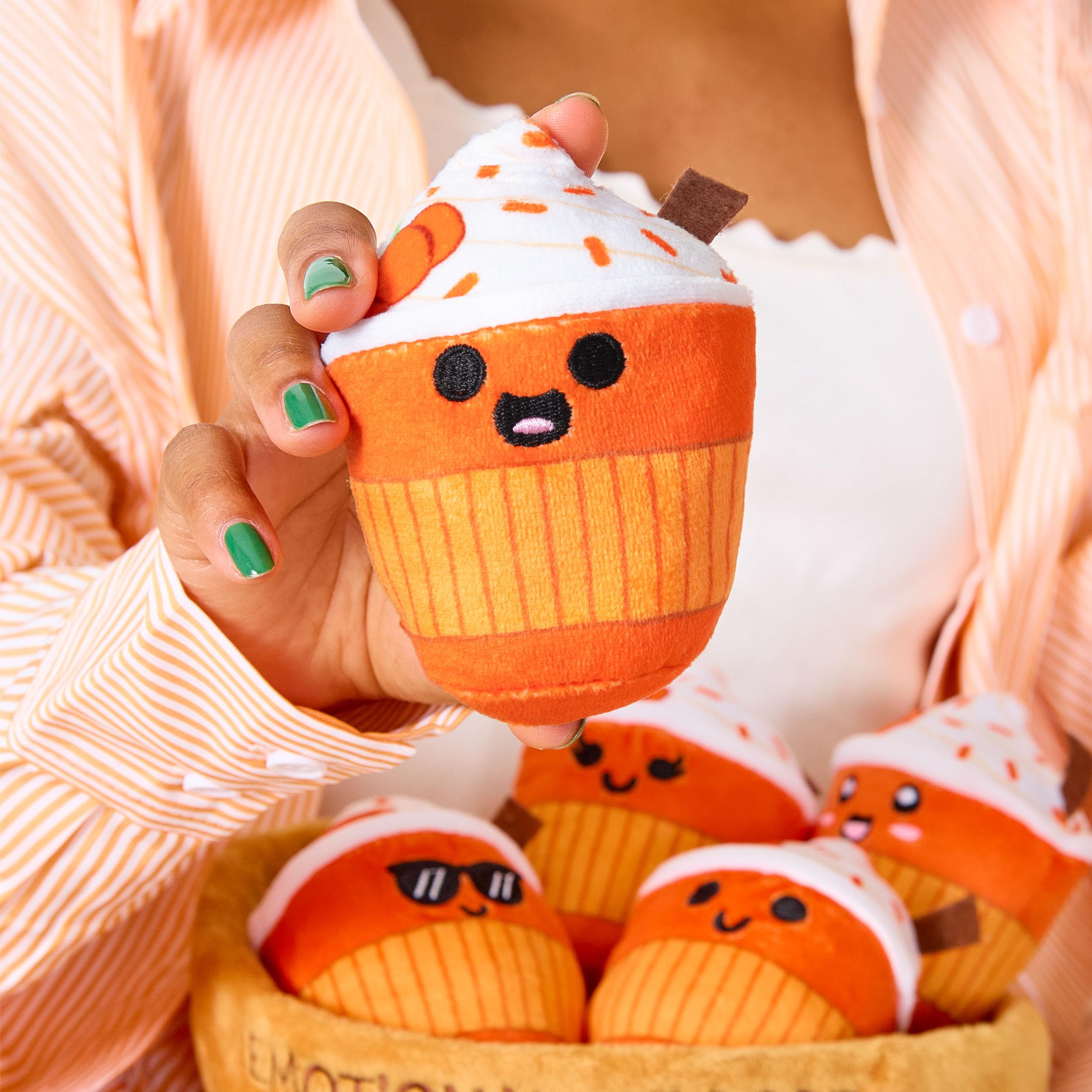 Emotional Support Lattes Plush Set – 5 Coffee Plushies with Names & Personalities in a Plush Basket by Relatable
