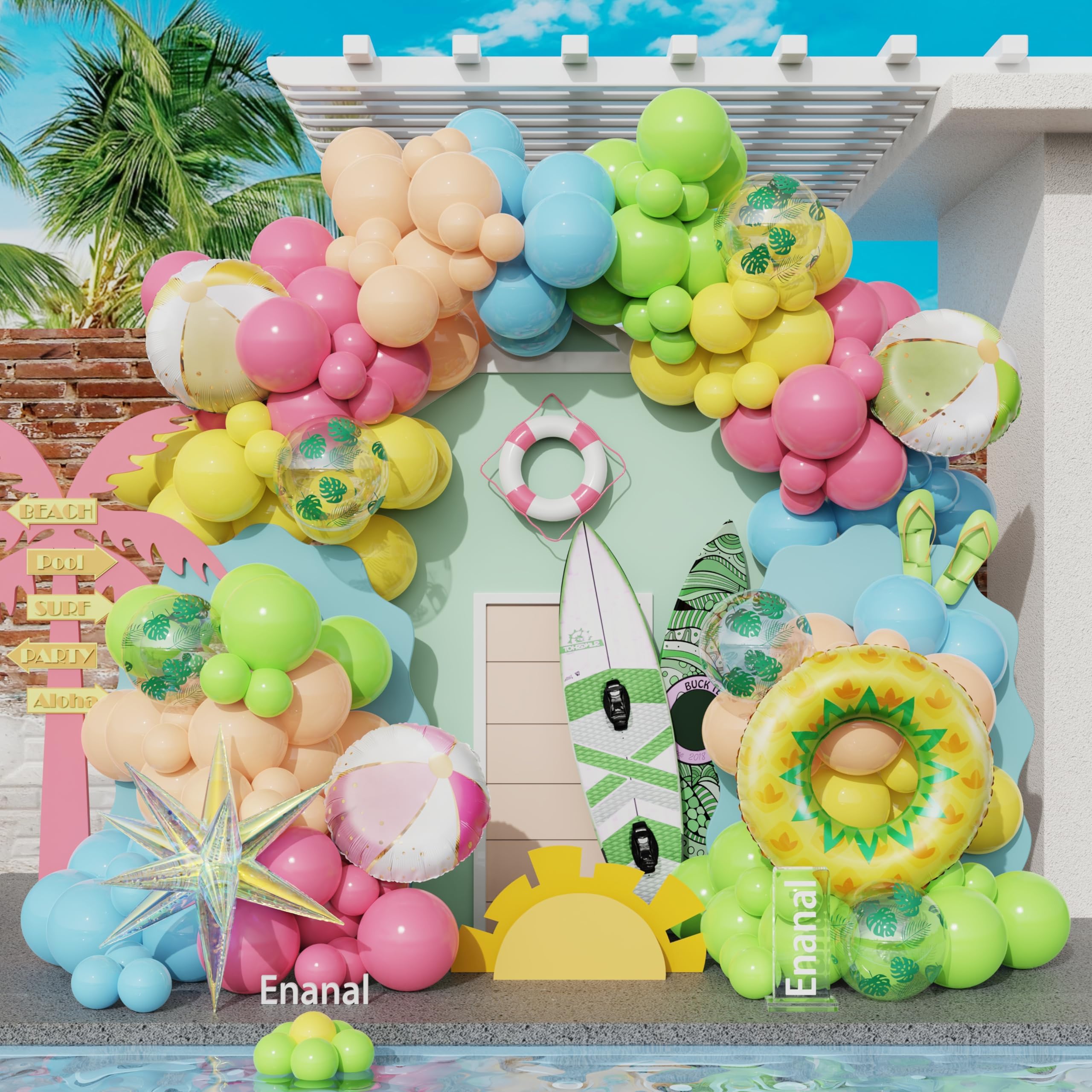 Enanal 162-Piece Tropical Pool Party Balloon Set – Pastel Latex & Foil Balloons with Beach Ball, Swimming Ring, and Arch Accessories