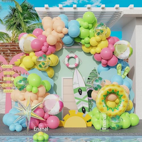 Enanal 162-Piece Tropical Pool Party Balloon Set – Pastel Latex & Foil Balloons with Beach Ball, Swimming Ring, and Arch Accessories