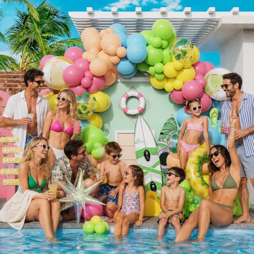 Enanal 162-Piece Tropical Pool Party Balloon Set – Pastel Latex & Foil Balloons with Beach Ball, Swimming Ring, and Arch Accessories