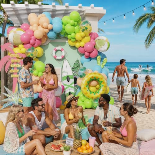 Enanal 162-Piece Tropical Pool Party Balloon Set – Pastel Latex & Foil Balloons with Beach Ball, Swimming Ring, and Arch Accessories
