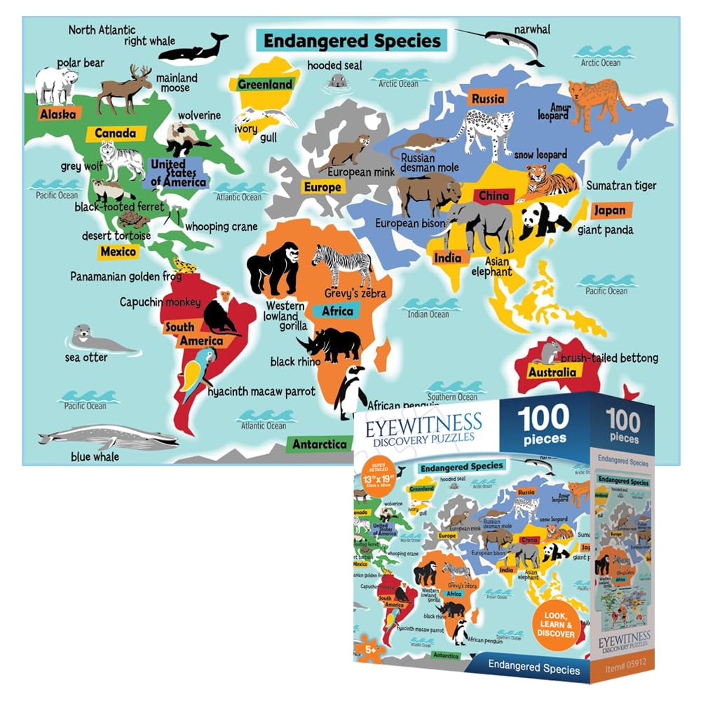 Endangered Species Jigsaw Puzzle for Kids – 100 Pieces, 13x19 Inches, Ages 5+