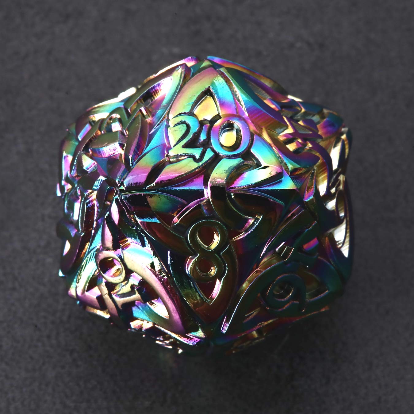 Endless Chaos Rainbow D20 Dice with Celtic Knots – Solid Metal, Extra Large for D&D & TTRPGs