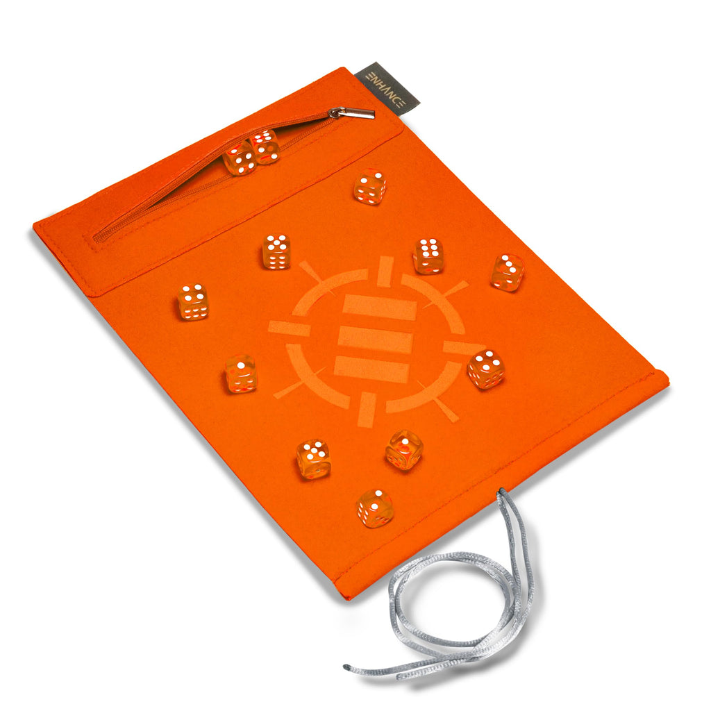 ENHANCE Roll on a Scroll Dice Mat + 12 D6 Dice - Orange - Soft Portable Dice Roller for Board Games
