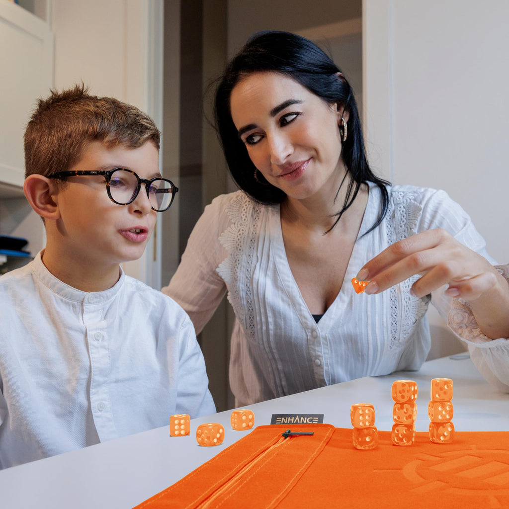 ENHANCE Roll on a Scroll Dice Mat + 12 D6 Dice - Orange - Soft Portable Dice Roller for Board Games