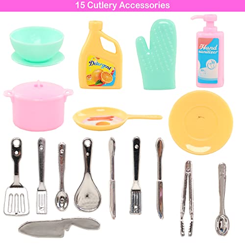ENOCHT 40-Piece Doll Clothes Set: 6 Pants Outfits, 10 Shoes, 15 Makeup Tools, 9 Tableware for 11.5-Inch Dolls