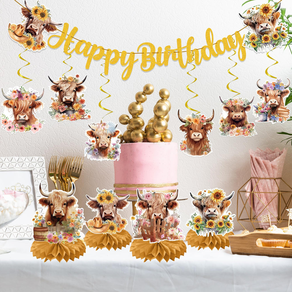 EoBeCy 19-Piece Highland Cow Birthday Party Decorations Set - Banner, Swirls, Honeycomb Centerpieces