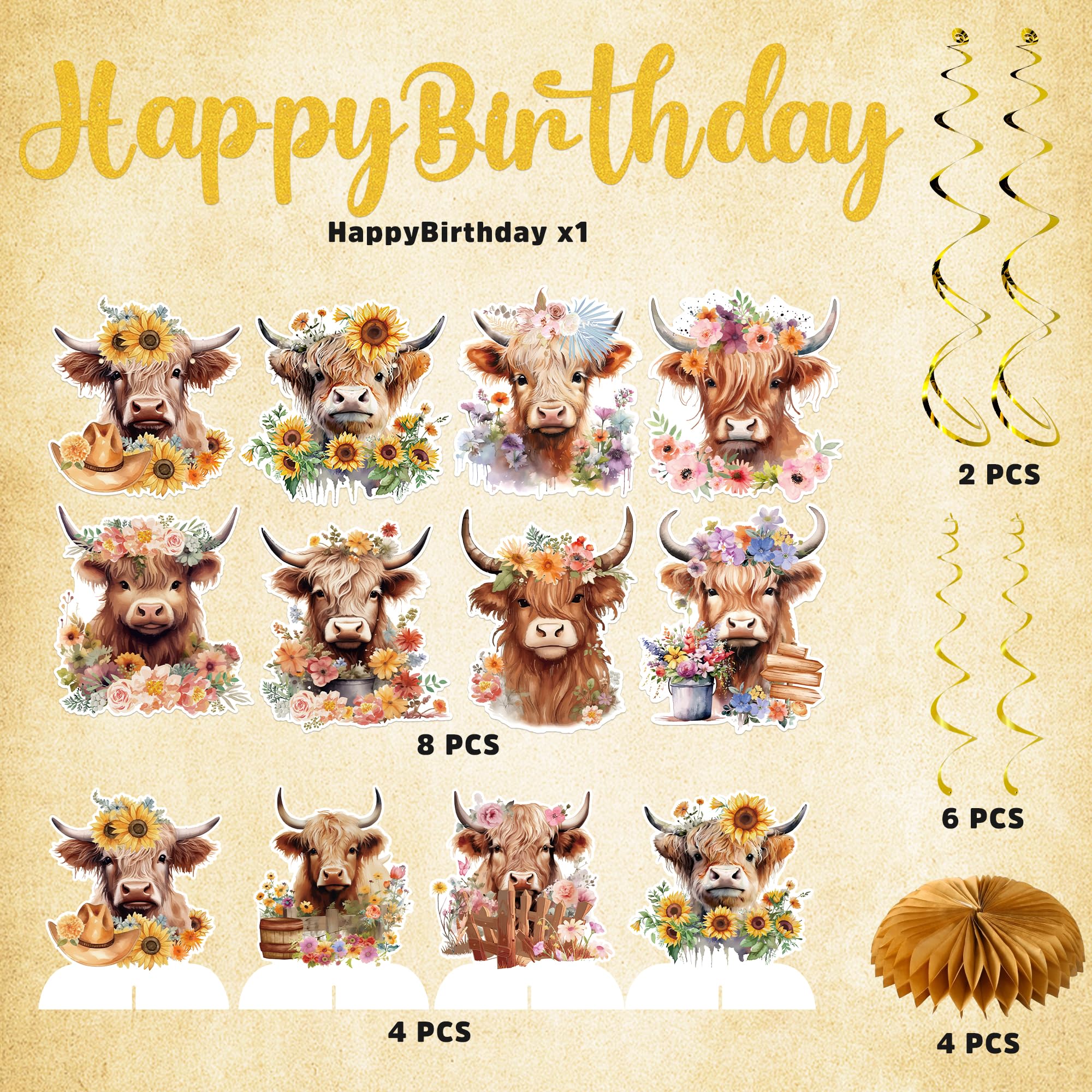 EoBeCy 19-Piece Highland Cow Birthday Party Decorations Set - Banner, Swirls, Honeycomb Centerpieces
