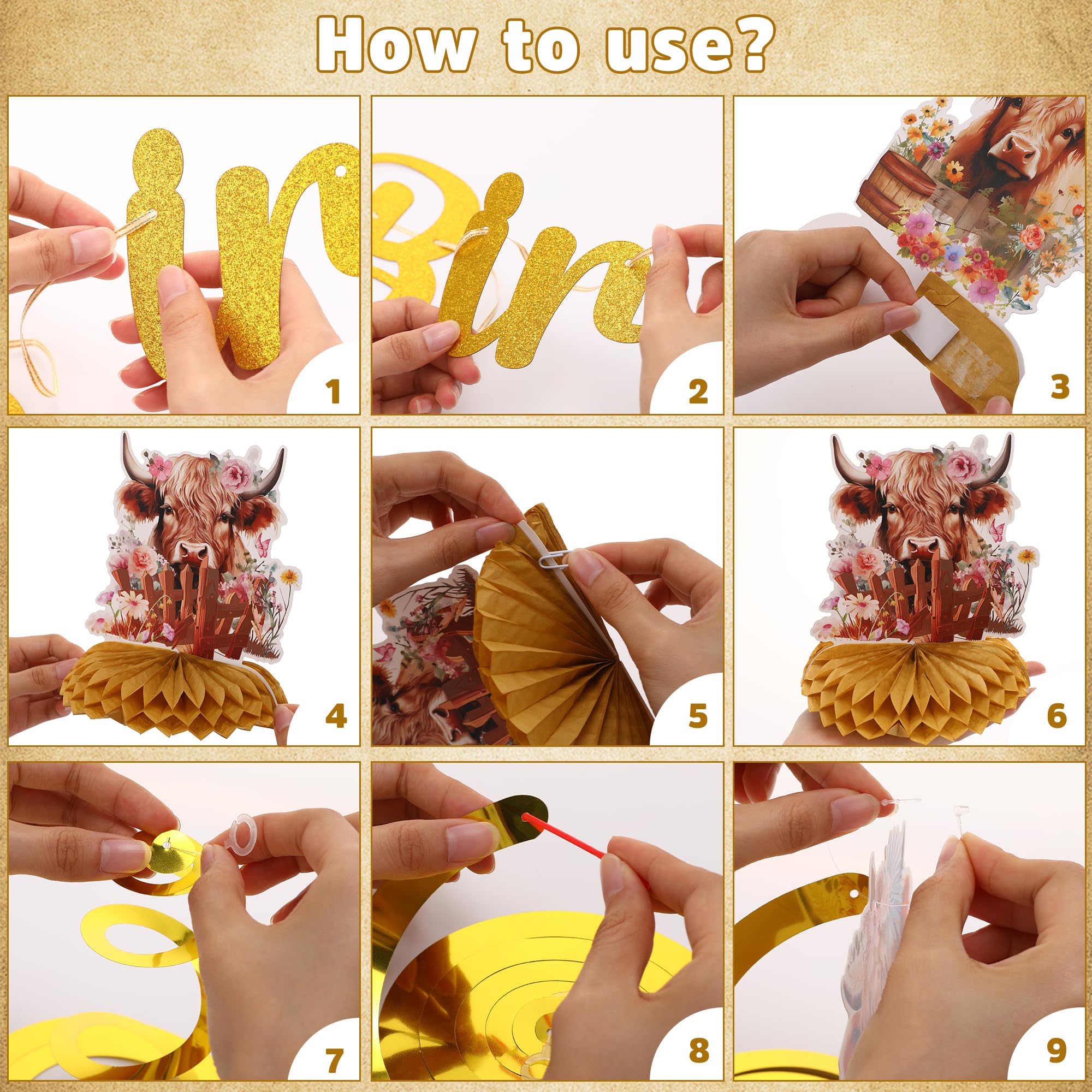 EoBeCy 19-Piece Highland Cow Birthday Party Decorations Set - Banner, Swirls, Honeycomb Centerpieces