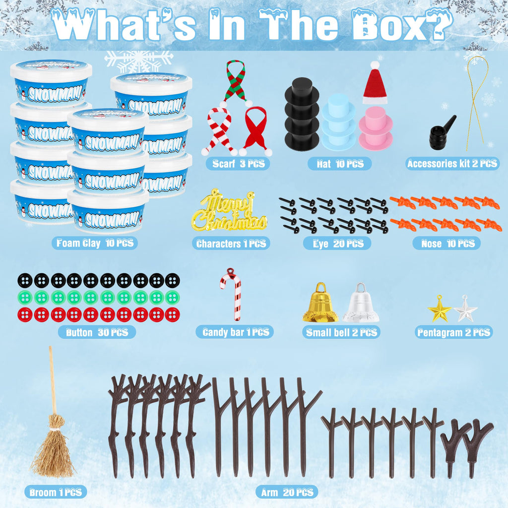 EOBOH 10-Pack DIY Snowman Craft Kit for Kids – Build Multiple Snowmen with Air-Dry Clay and Accessories, Christmas Indoor Activity