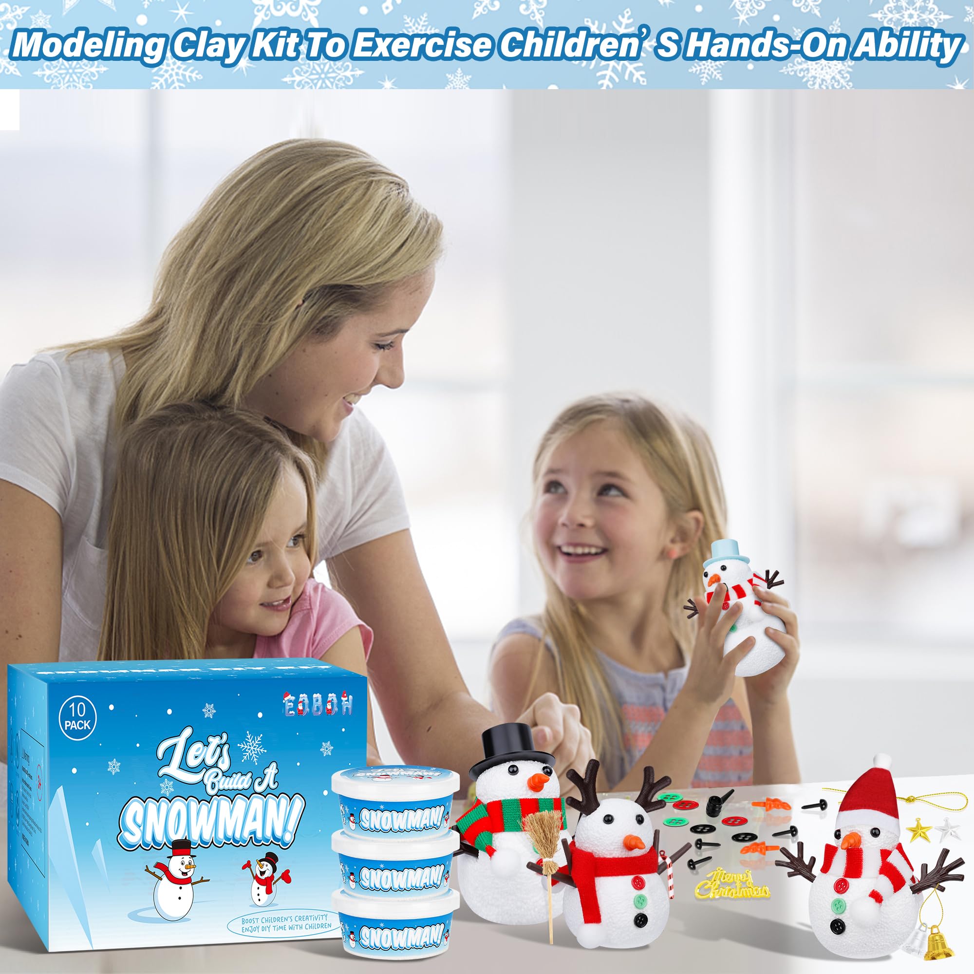 EOBOH 10-Pack DIY Snowman Craft Kit for Kids – Build Multiple Snowmen with Air-Dry Clay and Accessories, Christmas Indoor Activity
