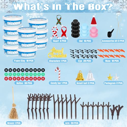EOBOH 10-Pack DIY Snowman Craft Kit for Kids – Build Multiple Snowmen with Air-Dry Clay and Accessories, Christmas Indoor Activity