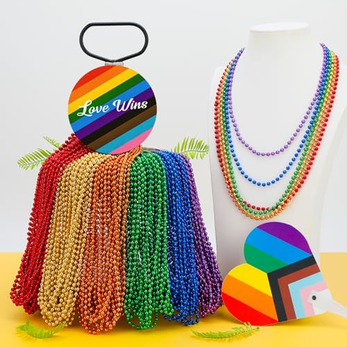 EOBOH 50-Pack Pride Bead Necklaces – 6 Styles Metallic Rainbow Bulk for LGBTQ Parades