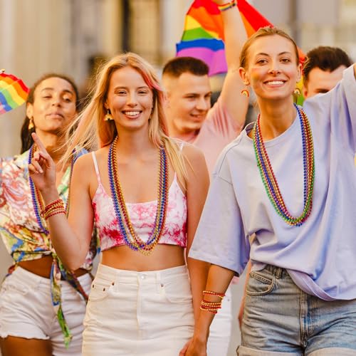 EOBOH 50-Pack Pride Bead Necklaces – 6 Styles Metallic Rainbow Bulk for LGBTQ Parades