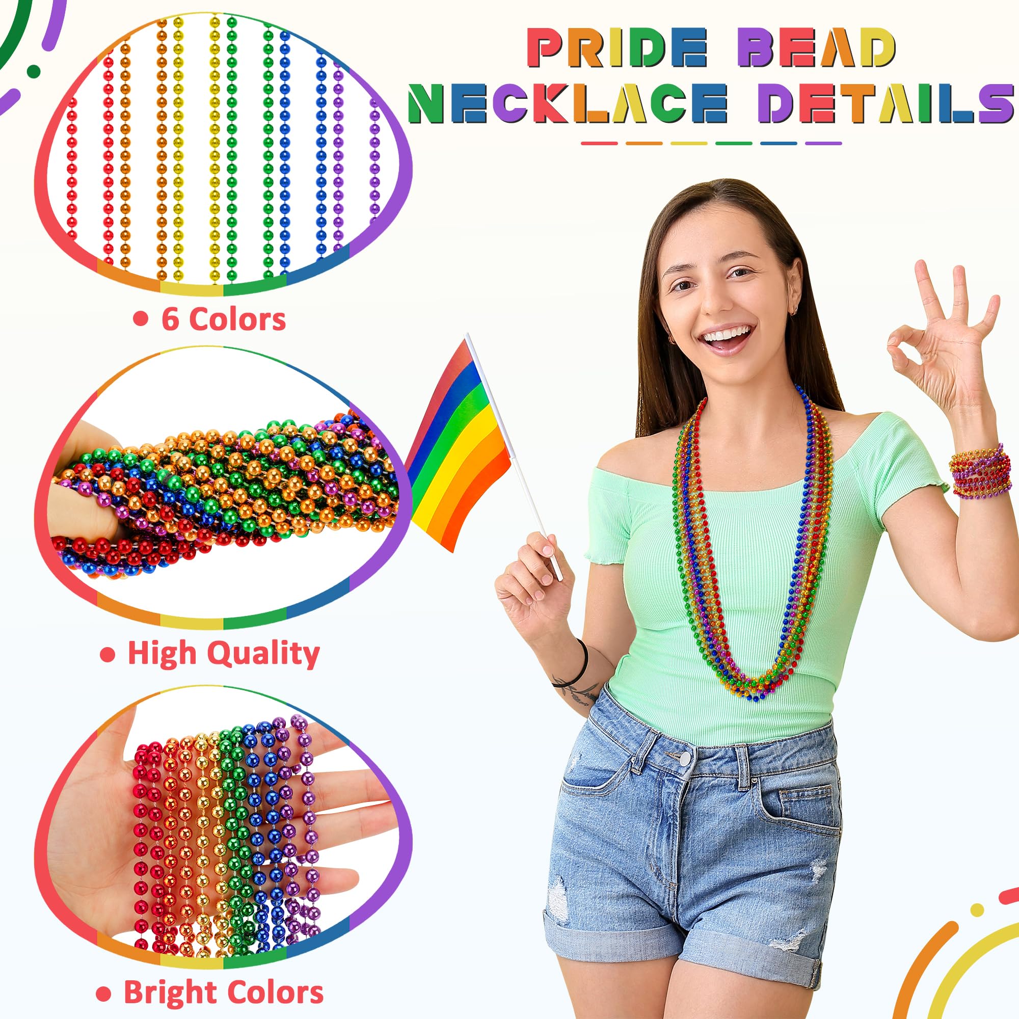 EOBOH 50-Pack Pride Bead Necklaces – 6 Styles Metallic Rainbow Bulk for LGBTQ Parades