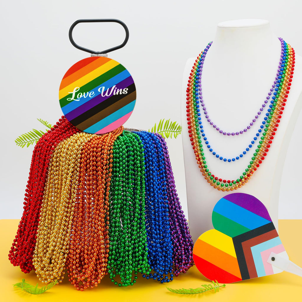 EOBOH 50-Pack Pride Bead Necklaces – 6 Styles Metallic Rainbow Bulk for LGBTQ Parades