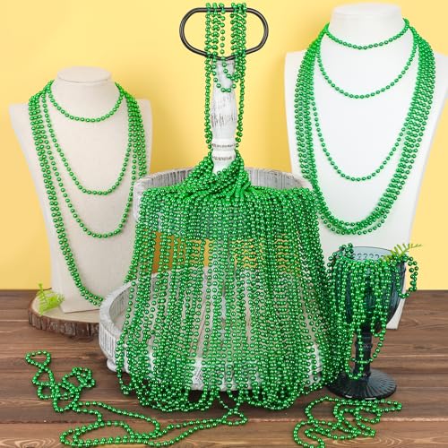 EOBOH 50-Pack St. Patrick's Day Green Bead Necklaces – Metallic Plastic, 33-Inch, Bulk Party Favors
