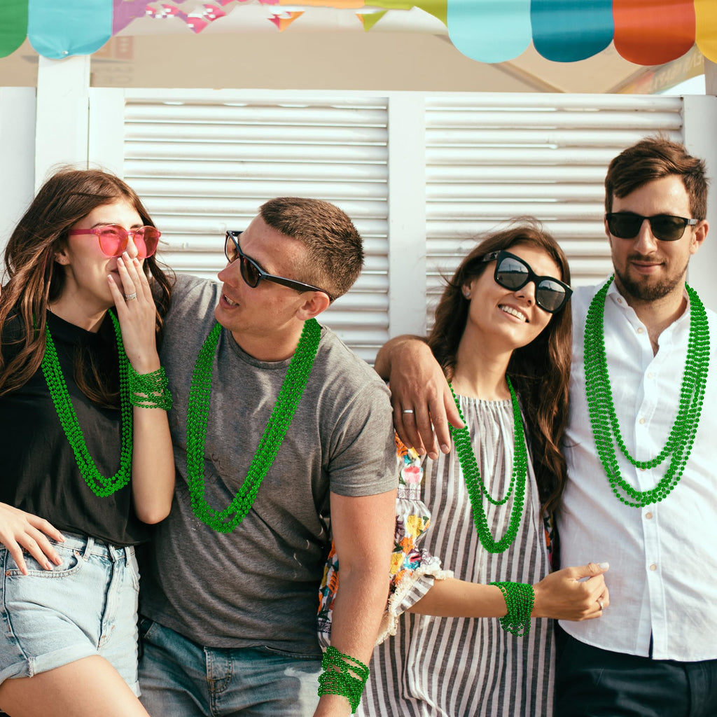 EOBOH 50-Pack St. Patrick's Day Green Bead Necklaces – Metallic Plastic, 33-Inch, Bulk Party Favors