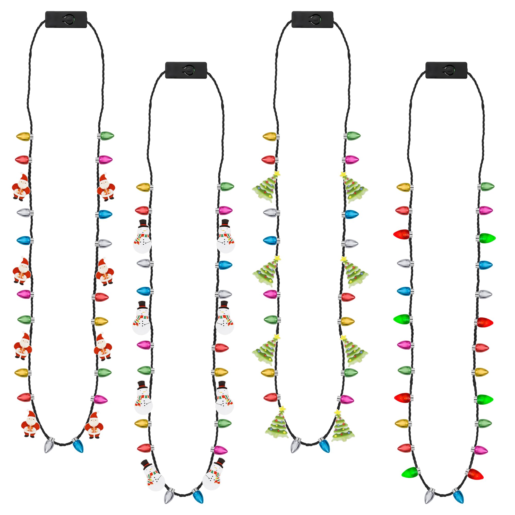 EOBOH 8 Light-Up Christmas Necklaces - 3 Modes, 4 Designs (Tree, Santa, Snowman, Candy Cane) for Party Favors