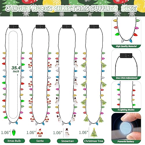 EOBOH 8 Light-Up Christmas Necklaces - 3 Modes, 4 Designs (Tree, Santa, Snowman, Candy Cane) for Party Favors