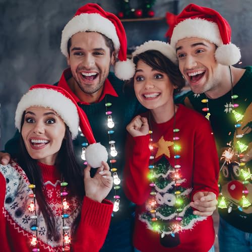 EOBOH 8 Light-Up Christmas Necklaces - 3 Modes, 4 Designs (Tree, Santa, Snowman, Candy Cane) for Party Favors