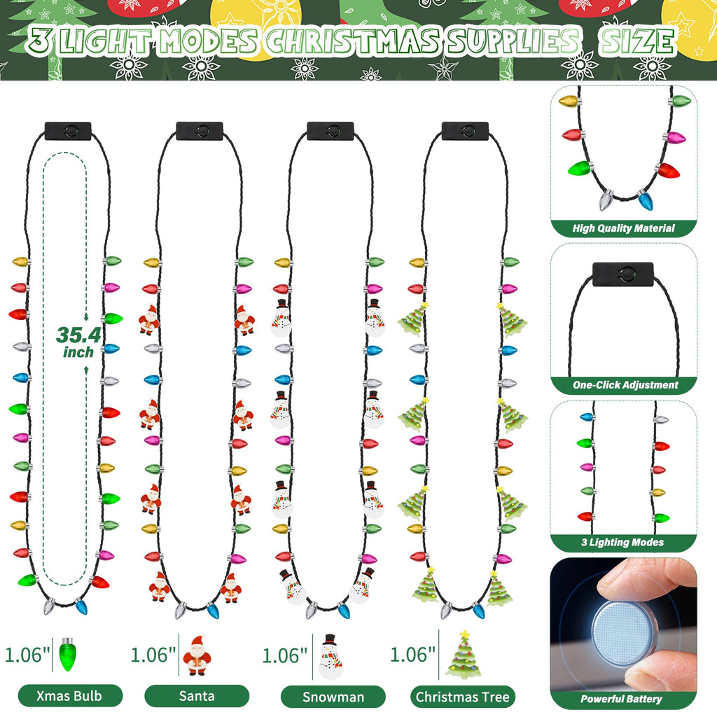 EOBOH 8 Light-Up Christmas Necklaces - 3 Modes, 4 Designs (Tree, Santa, Snowman, Candy Cane) for Party Favors