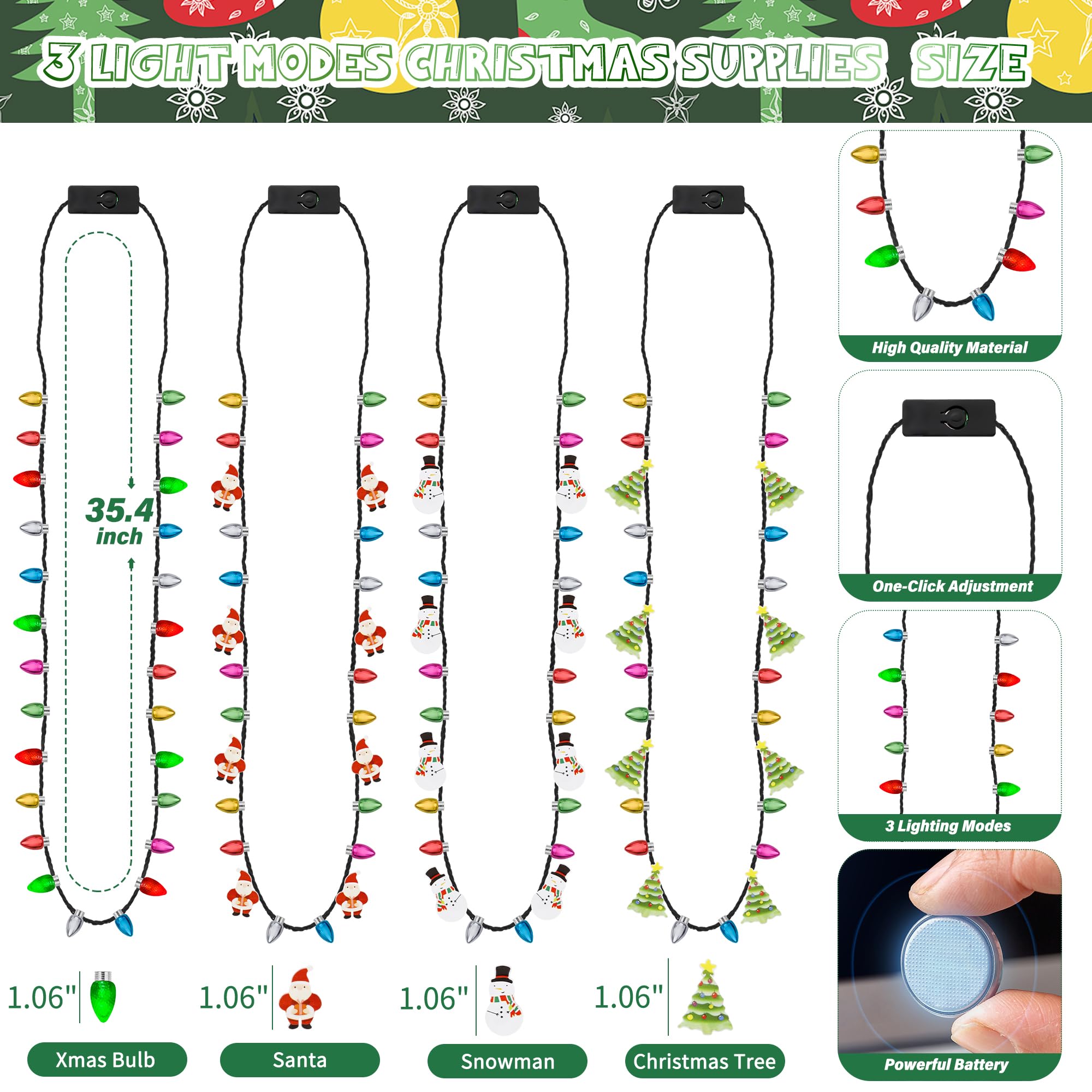 EOBOH 8 Light-Up Christmas Necklaces - 3 Modes, 4 Designs (Tree, Santa, Snowman, Candy Cane) for Party Favors