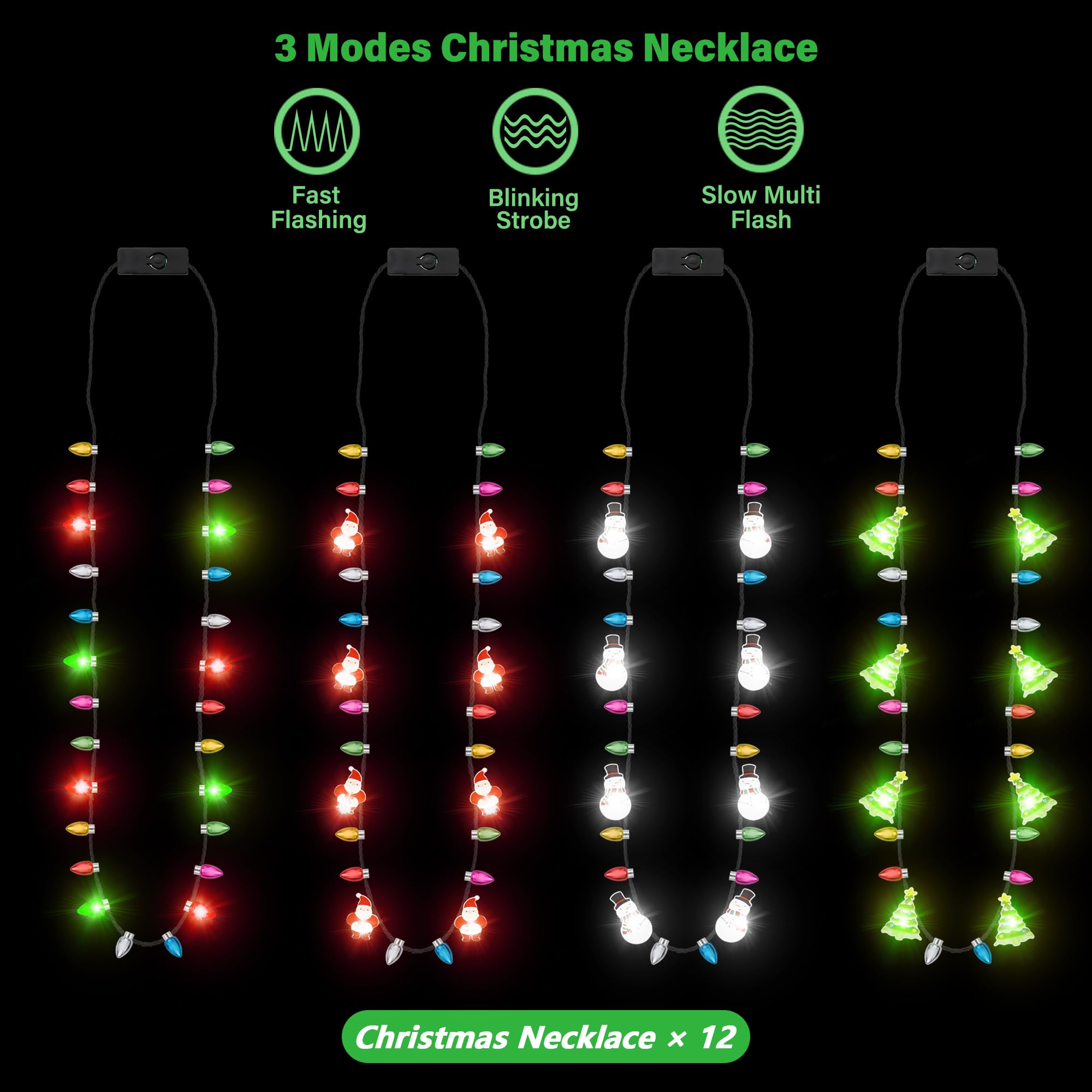 EOBOH 8 Light-Up Christmas Necklaces - 3 Modes, 4 Designs (Tree, Santa, Snowman, Candy Cane) for Party Favors