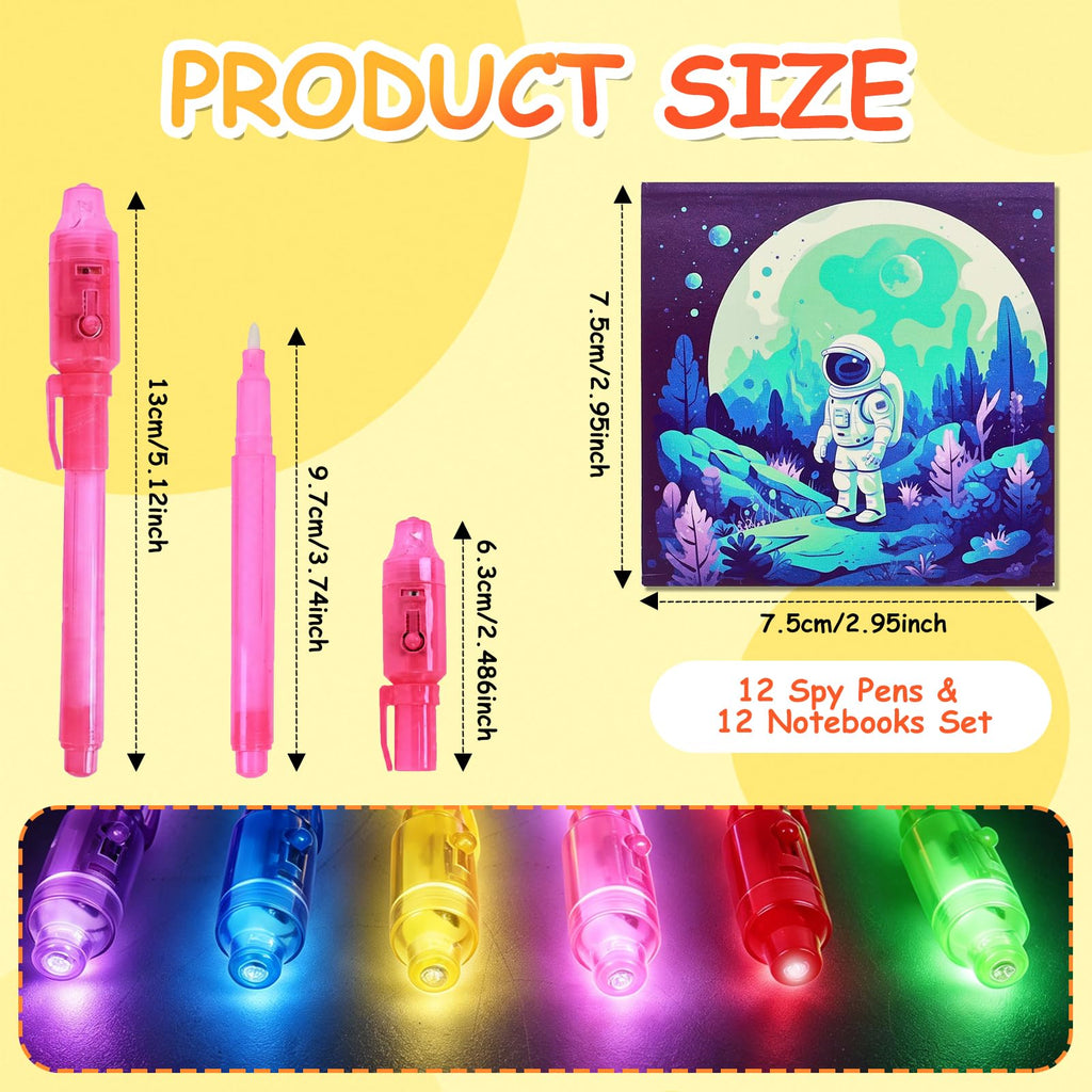 EODVICS 12-Pack Invisible Ink Spy Pen Kit with Mini Notebooks and UV Light - Secret Message Fun for Kids 3+