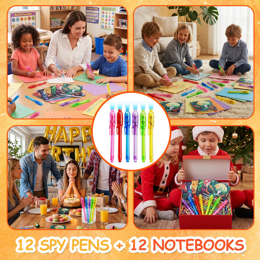 EODVICS 12-Pack Invisible Ink Spy Pen Kit with Mini Notebooks and UV Light - Secret Message Fun for Kids 3+