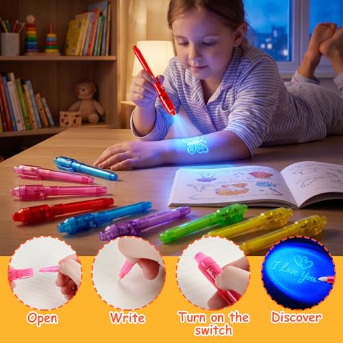 EODVICS 12-Pack Invisible Ink Spy Pen Kit with Mini Notebooks and UV Light - Secret Message Fun for Kids 3+