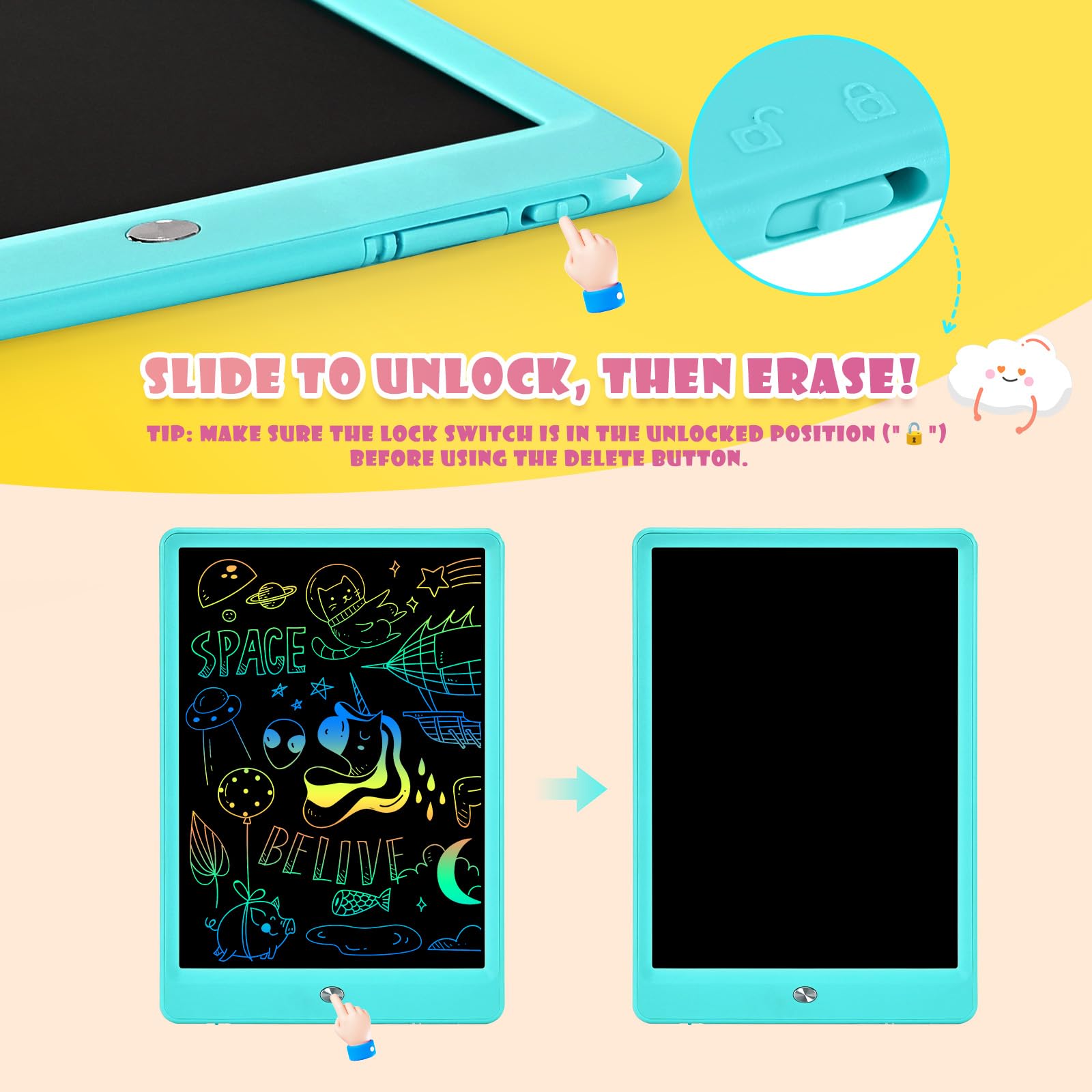 EooCoo 10 Inch LCD Writing Tablet for Kids – Blue Drawing Pad with Lock & Erase, Reusable Doodle Board for Ages 3-8, Travel-Friendly Educational Toy