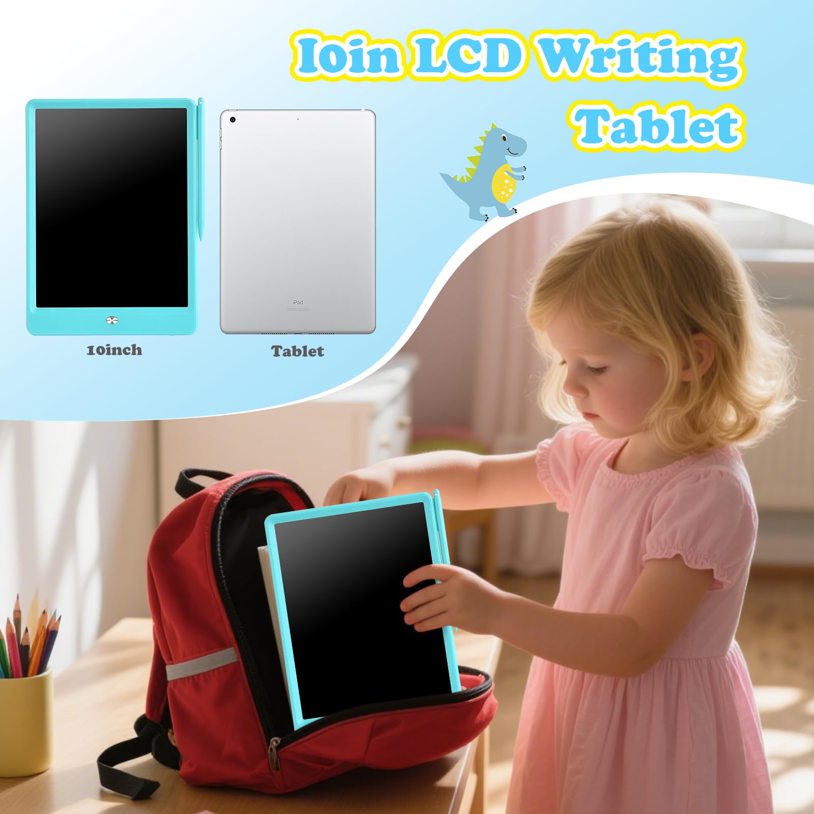 EooCoo 10 Inch LCD Writing Tablet for Kids – Blue Drawing Pad with Lock & Erase, Reusable Doodle Board for Ages 3-8, Travel-Friendly Educational Toy