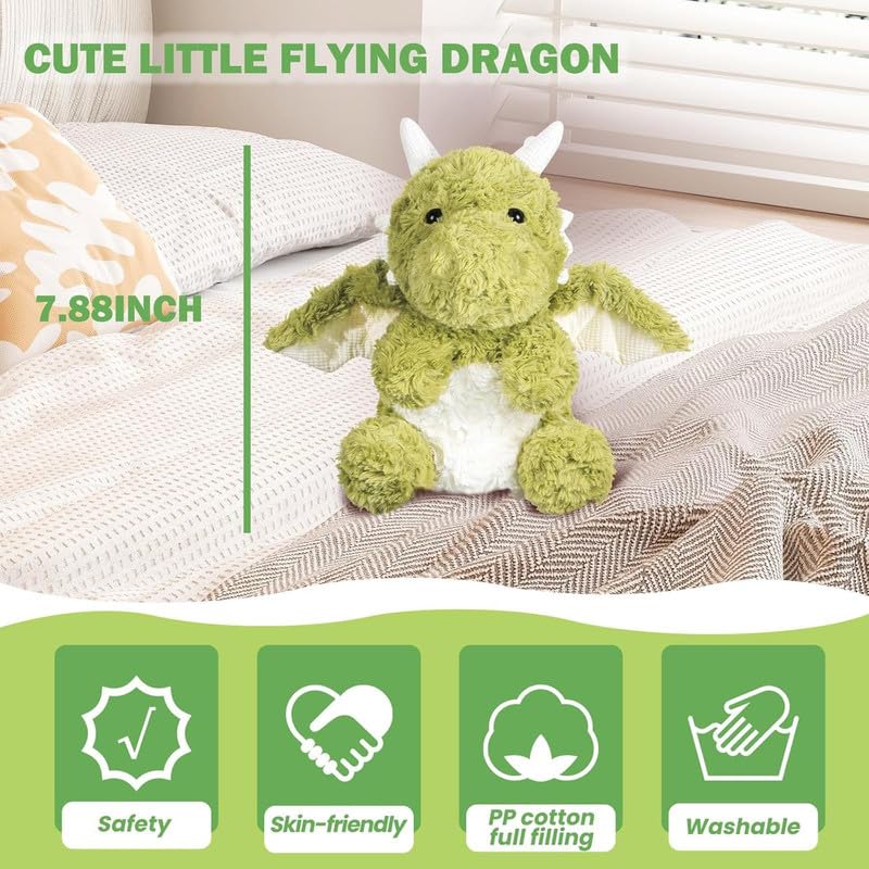 EOUOBOMO Little Flying Dragon Plush - 7.88 Inch Green Cute Dinosaur Stuffed Animal Toy, Soft Kawaii Fire Dragon Pillow for Kids and Adults