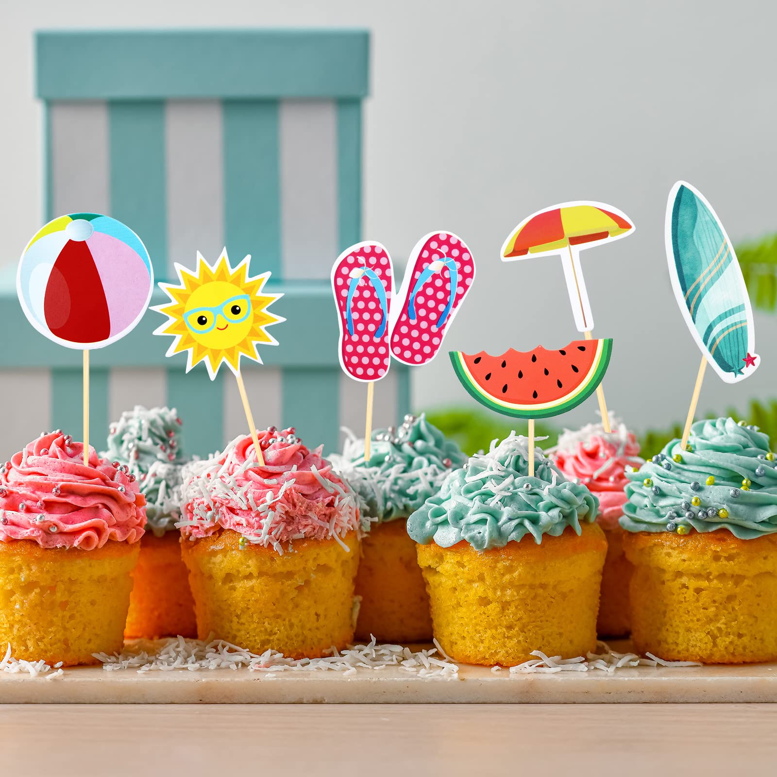 Epakh 100-Piece Summer Beach Cupcake Toppers – Pool Party Hawaiian Theme Cake Picks with 10 Designs