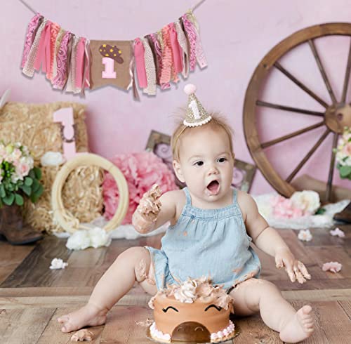 EPSEED Cowgirl 1st Birthday High Chair Banner – 80-Inch Pink Rodeo Party Decor with Fabric Strips