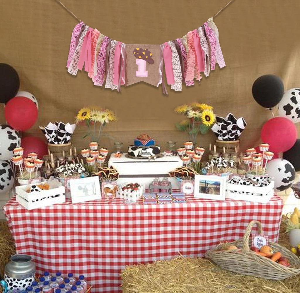 EPSEED Cowgirl 1st Birthday High Chair Banner – 80-Inch Pink Rodeo Party Decor with Fabric Strips